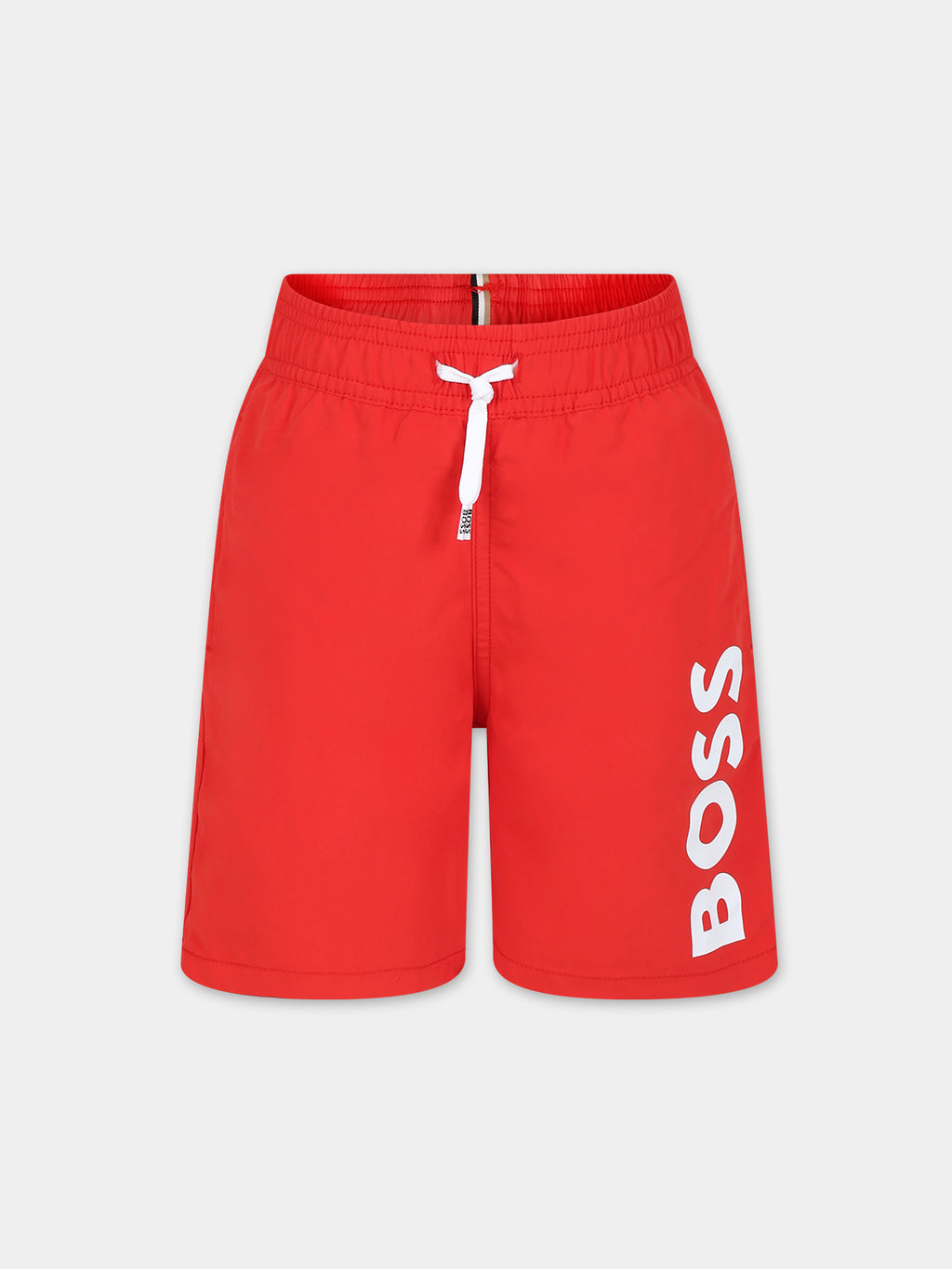 Red swim shorts for boy with logo